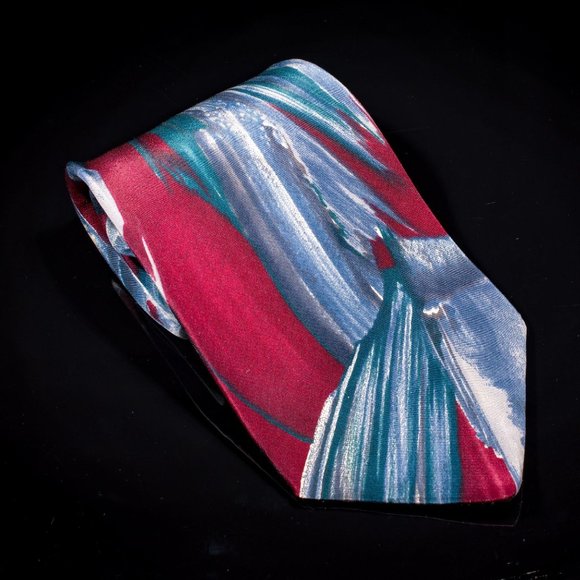 Vintage Ted Lapidus Red Blue Abstract 100% Silk Men's Designer Tie - Picture 2 of 5